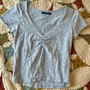 Brandy Melville Light Blue Floral Ruched V-Neck Top cotton